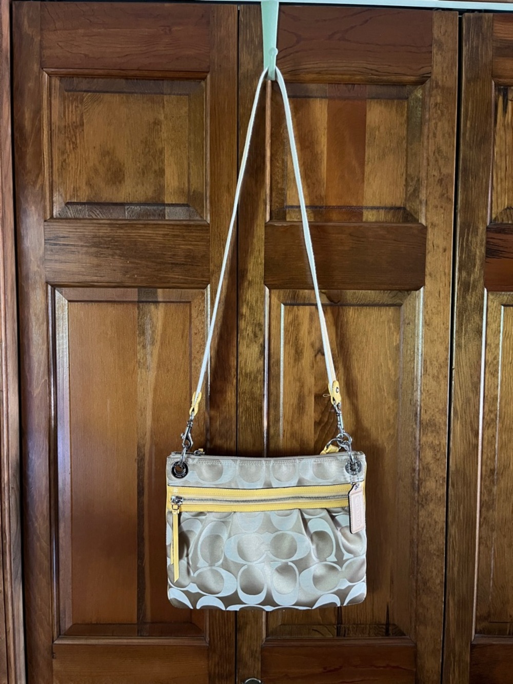 Coach Signature Crossbody Bag in Beige with Yellow Patent Trim